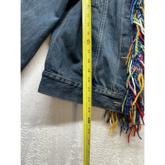 Amano Womens M Blue Denim Multicolor Wool Shag Trim Gloves Jean Jacket - Picture 7 of 11